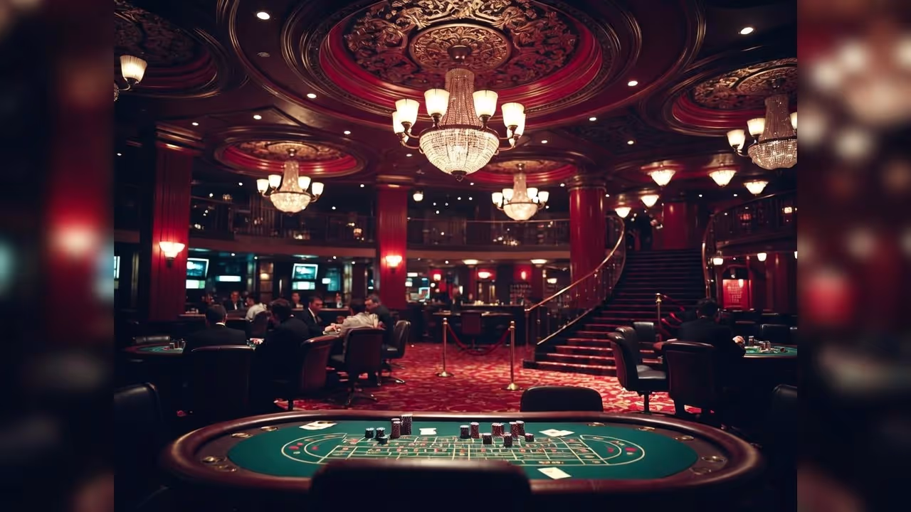 Man holding birthday cake at casino table with security guard